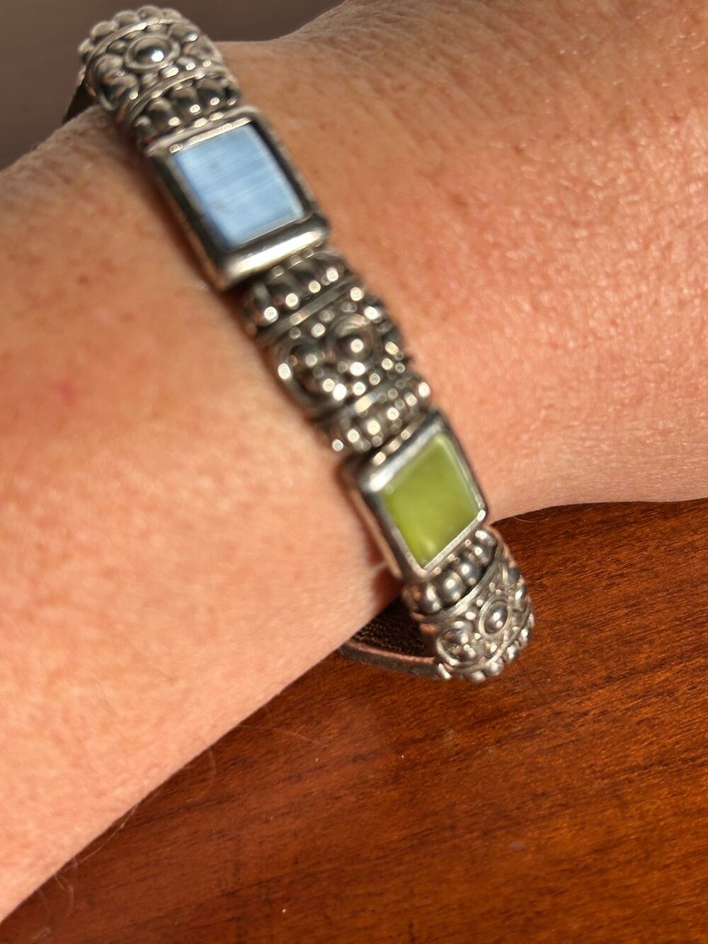 Silver Tone Panel Bracelet Colorful Faux Gemstone Cabochons 8 Inch Vintage Style